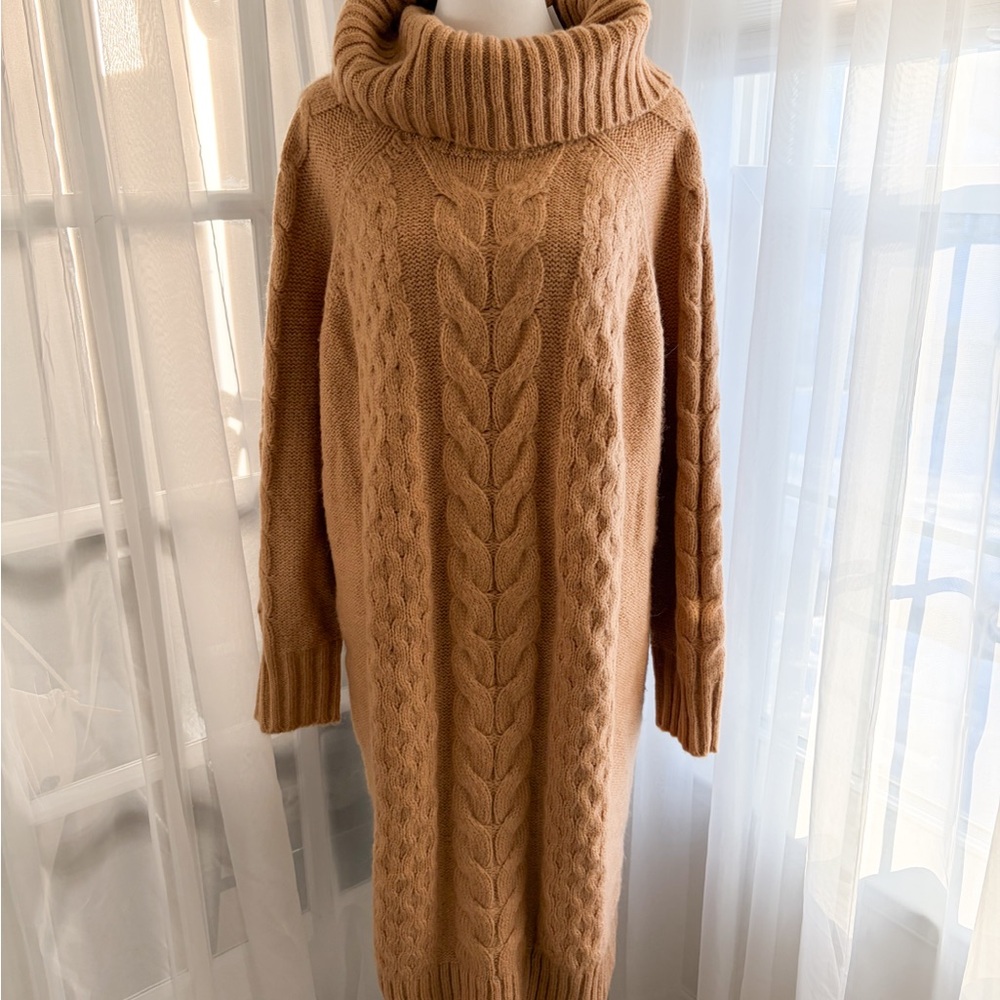Banana Republic Camel Cable Knit Turtleneck Sweater Dress